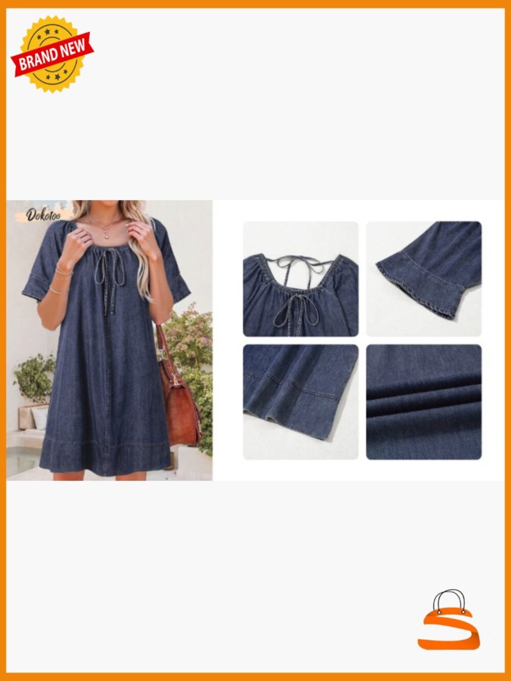 Lightweight Flowy Denim Dress Square Neck Short Sleeve Tie Knot Front - Picture 7 of 7